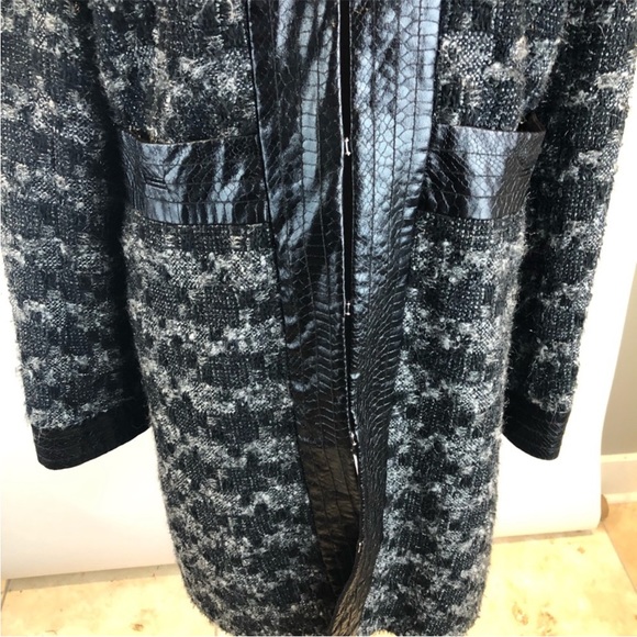 Tory Burch Black Gray Tweed Coat Faux Leather Trim, 8 - Picture 7 of 9